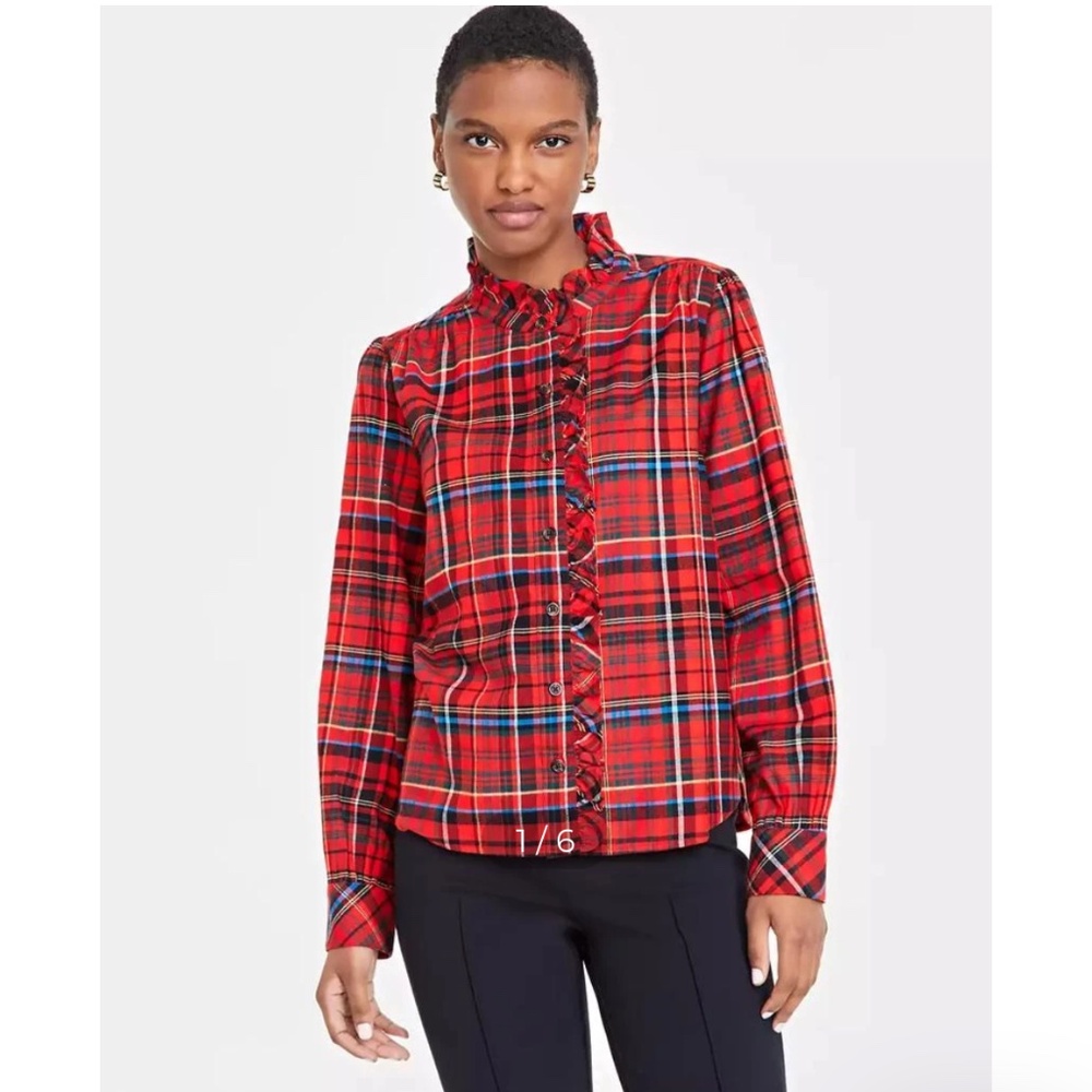NWT On 34th Women's Festive Plaid Ruffle-Neck Flannel Shirt, Medium